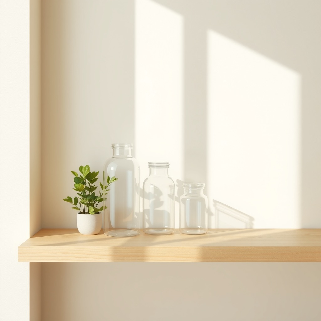 Three clear glass jars of decreasing size on a sunlit oak shelf next to a small plant