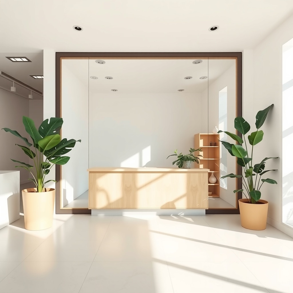A bright, empty new shop unit with a light oak counter and potted plants in morning sun