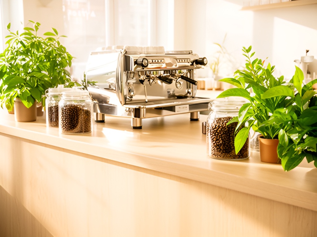 The bright interior of a small café before opening, light wood counter and plants