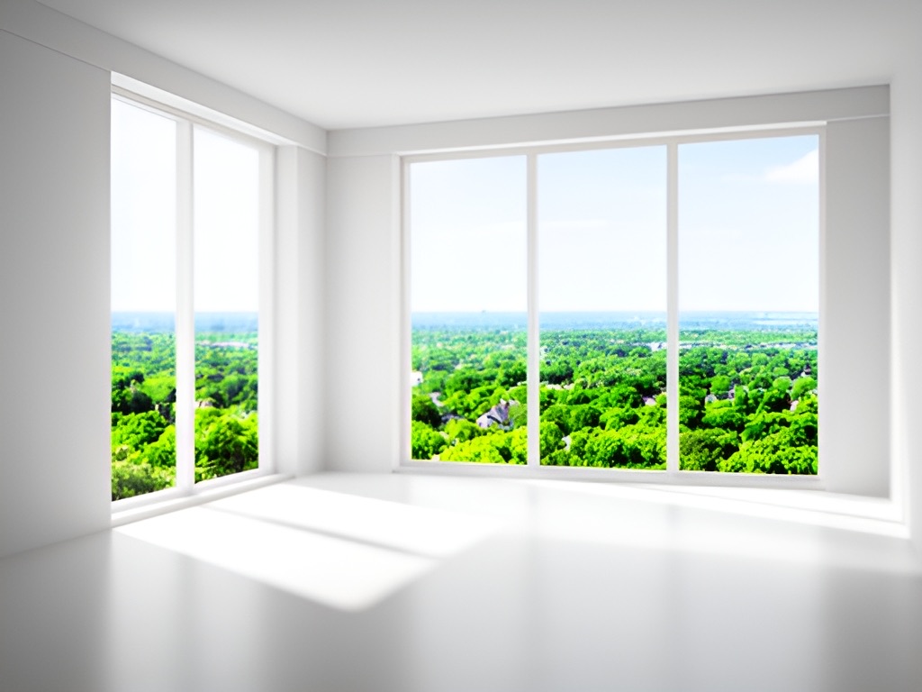 A bright, empty apartment living room with tall windows over a green city
