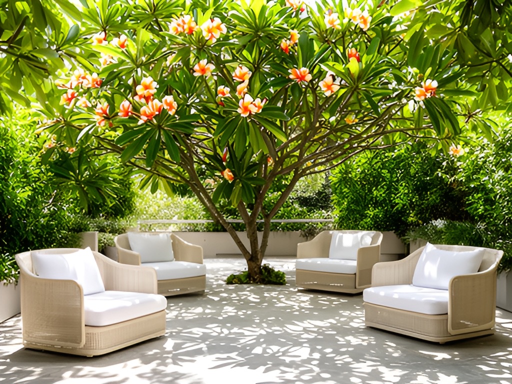 A shaded garden terrace with lounge chairs and a frangipani tree in the sun
