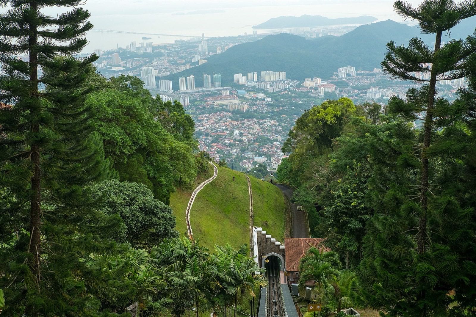 The funicular track running down Penang Hill towards George Town.