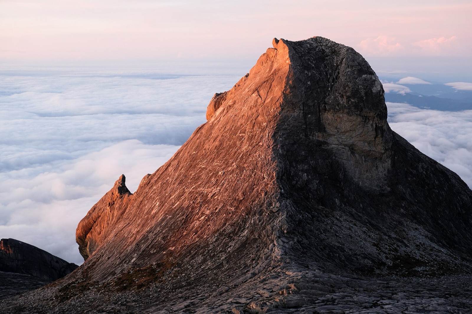 St John's Peak on Mount Kinabalu at sunrise above the clouds.