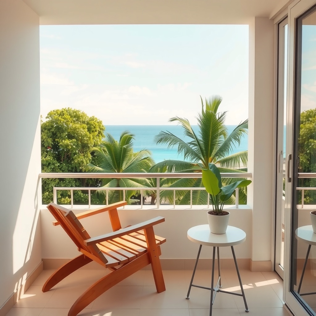 A sunlit apartment balcony with a teak lounge chair and plants, overlooking treetops and the sea
