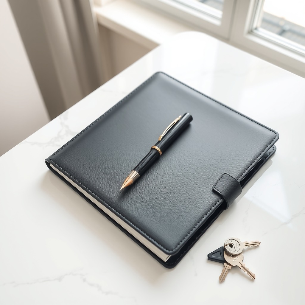 A fountain pen on a leather folder and a set of new keys on a marble table
