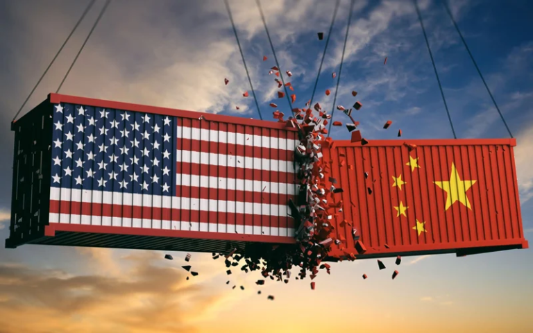Collision of American and Chinese containers, symbolizing the trade war and highlighting Malaysia’s growing appeal to investors.