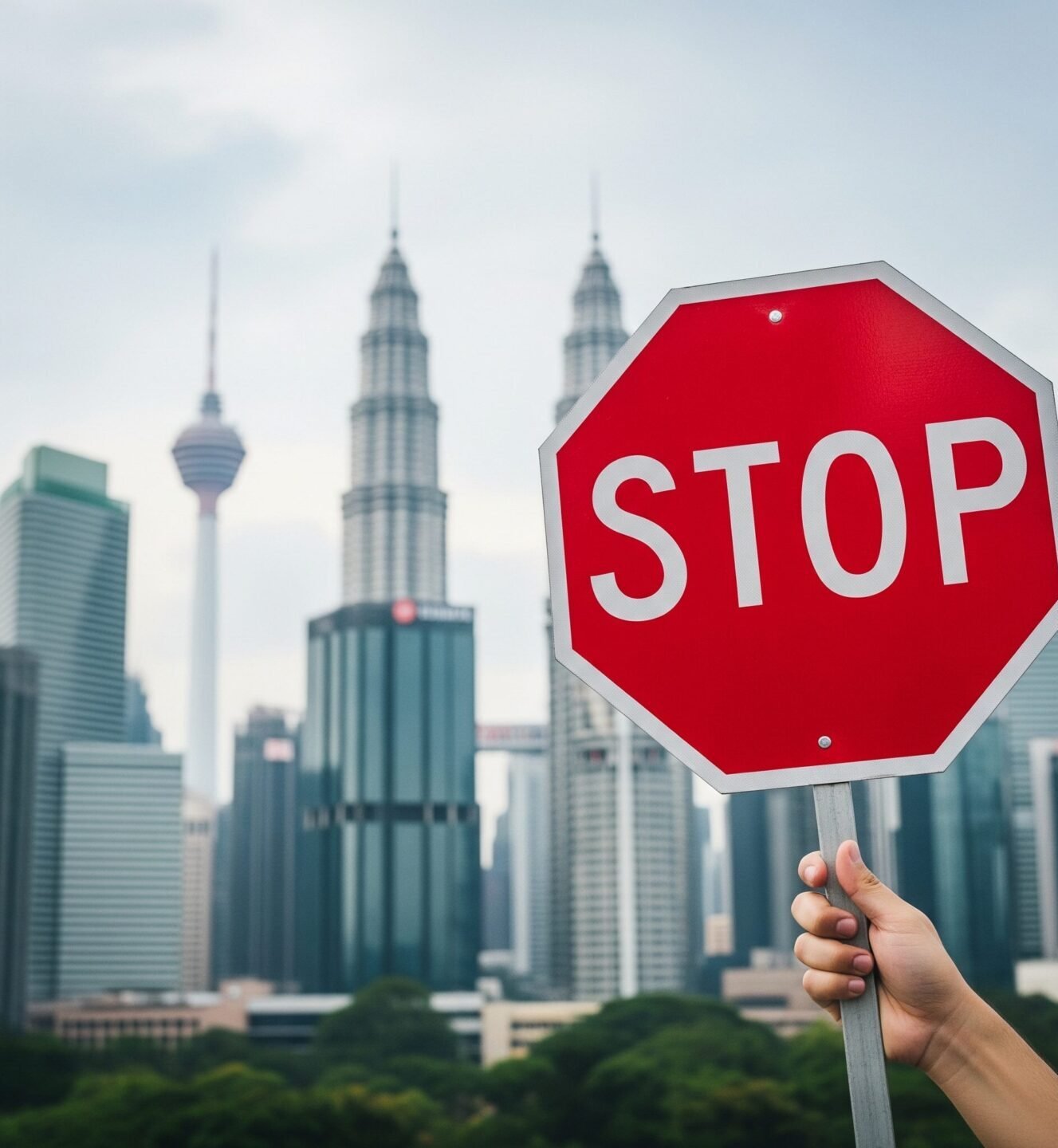 Red stop sign in front of Kuala Lumpur skyline, Malaysia - Investment error prevention