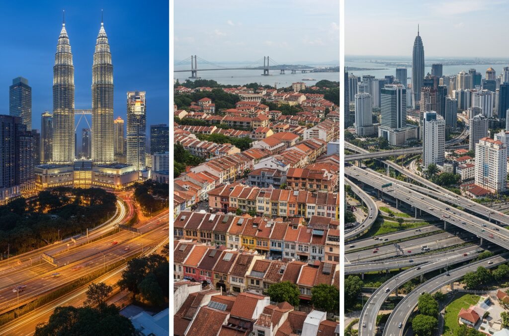 Tryptique de trois images comparatives : les Tours Petronas à Kuala Lumpur (gauche), le front de mer historique et le pont à Penang (centre), et l'horizon moderne avec échangeurs autoroutiers à Johor Bahru (droite), représentant les principales villes malaisiennes.