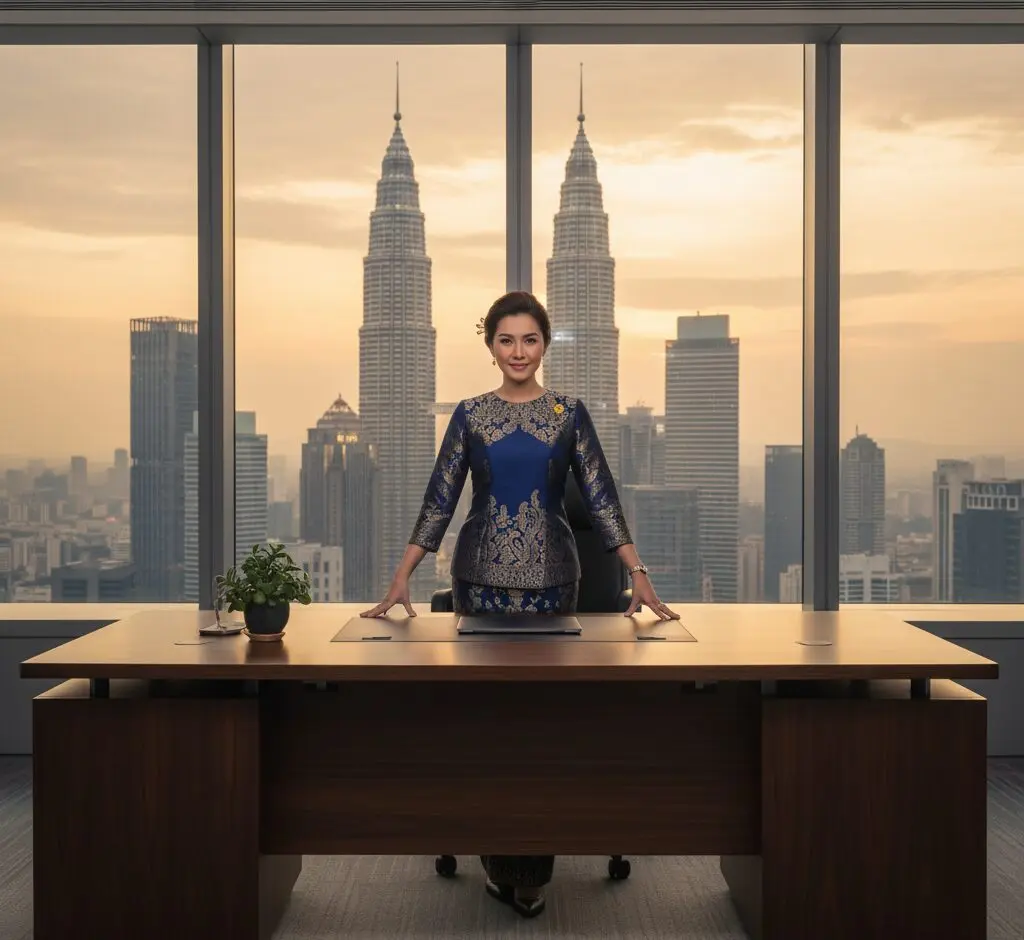 Femme malaise souriante, debout derrière un grand bureau moderne, vêtue d'une tenue traditionnelle (Baju Kurung) de couleur bleue ornée, avec l'horizon de Kuala Lumpur et les Tours Petronas en arrière-plan au coucher du soleil.