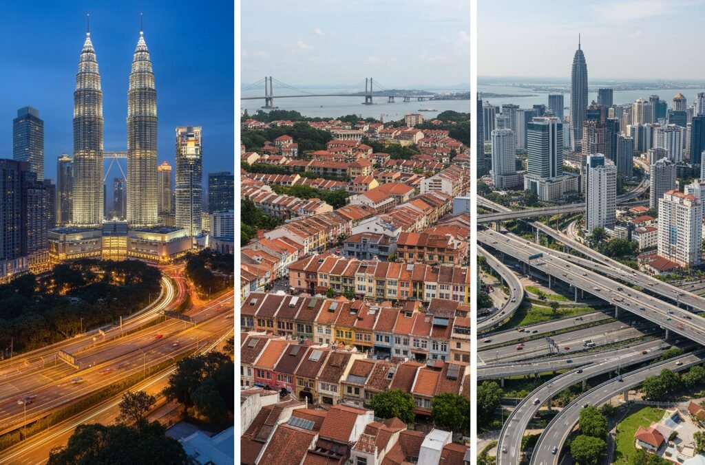 Triptych of three comparative images: the Petronas Towers in Kuala Lumpur (left), the historic waterfront and bridge in Penang (center), and the modern skyline with highway interchanges in Johor Bahru (right), representing key Malaysian cities.