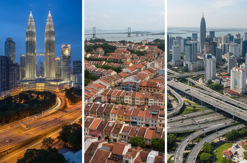 Triptych of three comparative images: the Petronas Towers in Kuala Lumpur (left), the historic waterfront and bridge in Penang (center), and the modern skyline with highway interchanges in Johor Bahru (right), representing key Malaysian cities.