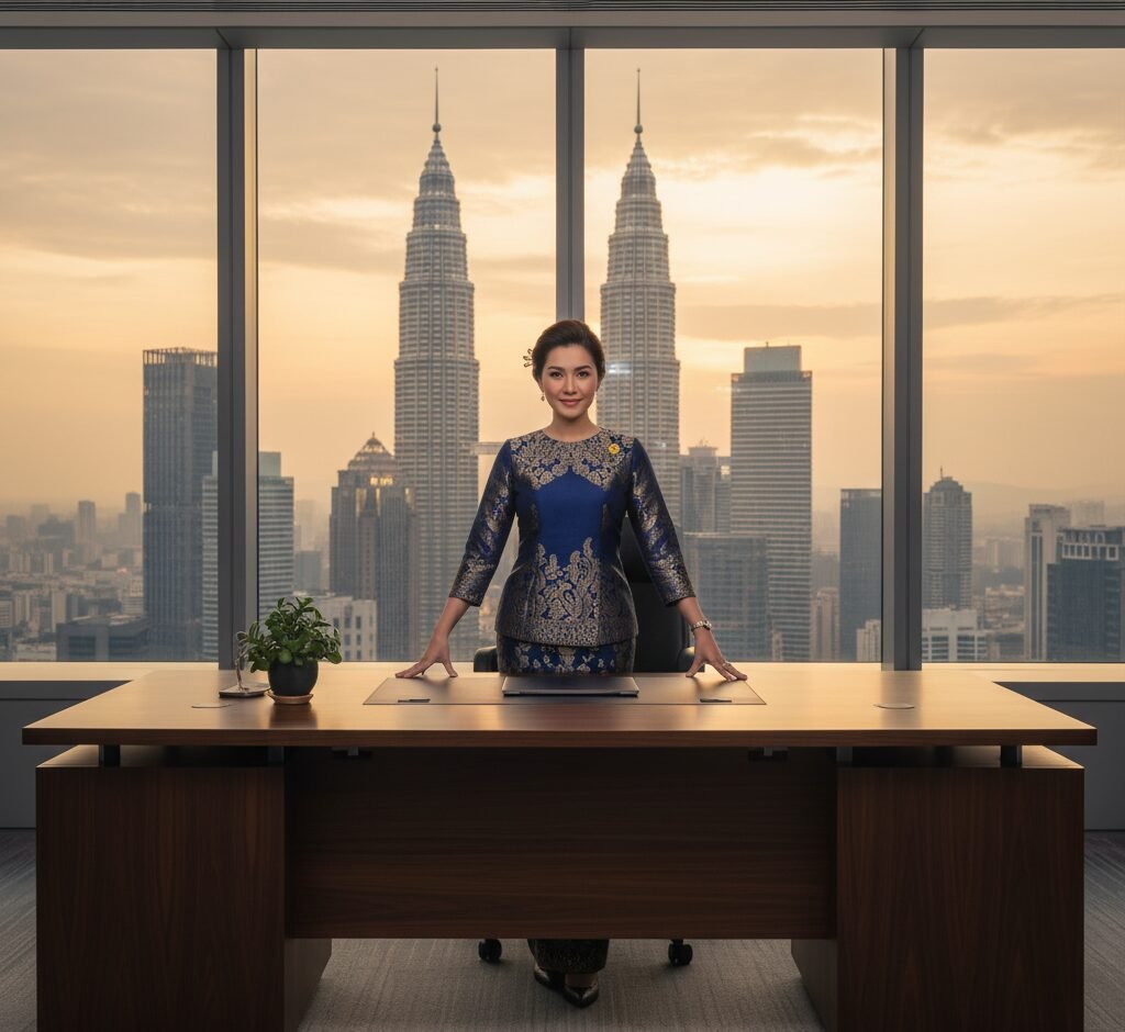 Smiling Malaysian woman standing behind a large modern desk, dressed in an ornate blue traditional outfit (Baju Kurung), with the Kuala Lumpur skyline and Petronas Towers in the background at sunset.