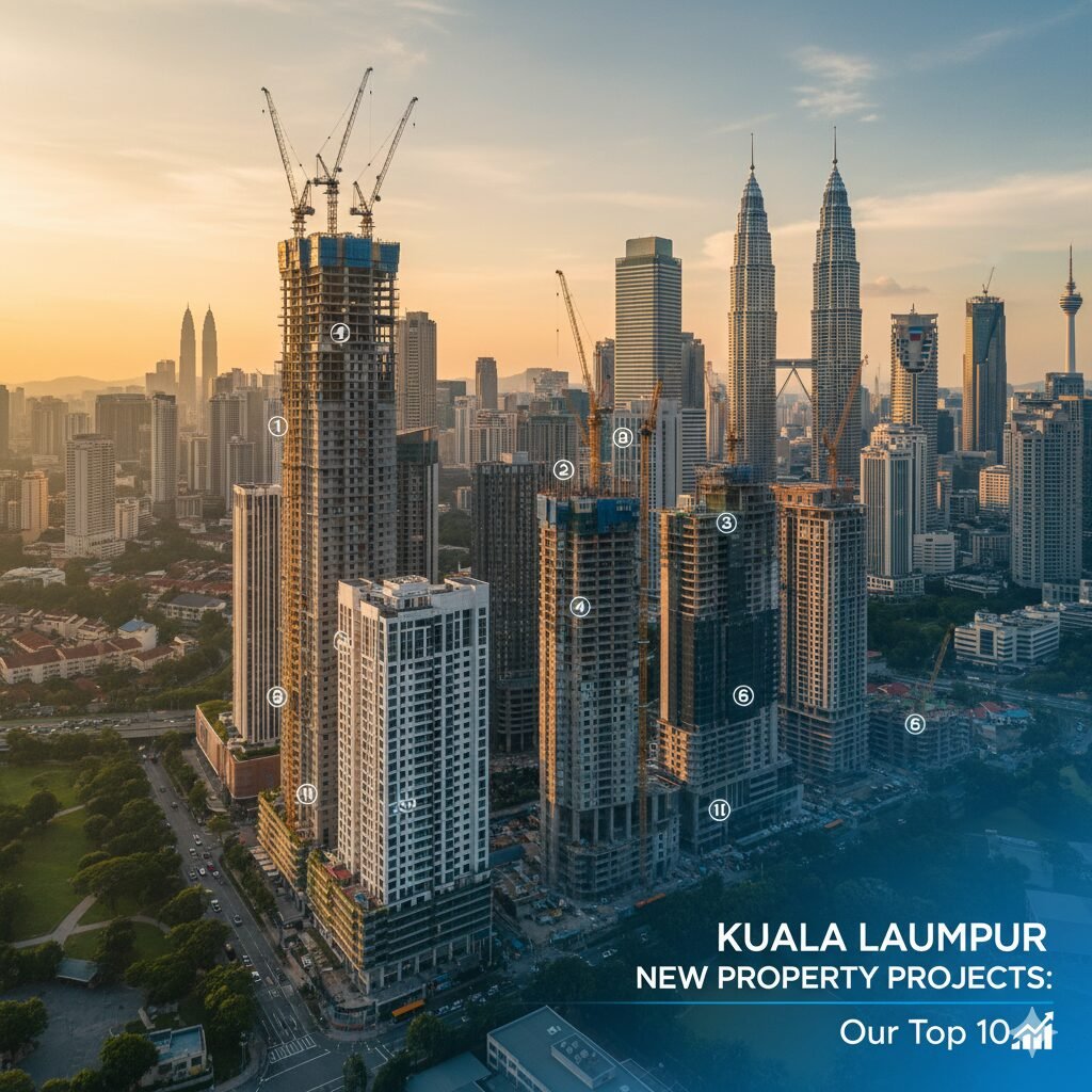 L'horizon de Kuala Lumpur au coucher du soleil, dominé par les Tours Petronas, vu depuis un nouveau développement immobilier haut de gamme avec une piscine et une façade vitrée moderne, symbolisant la croissance.
