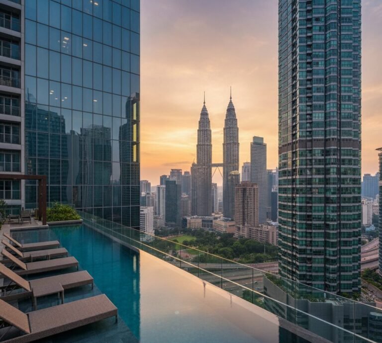 KLCC luxury condominium infinity pool Petronas Twin Towers sunset view Kuala Lumpur investment 2026