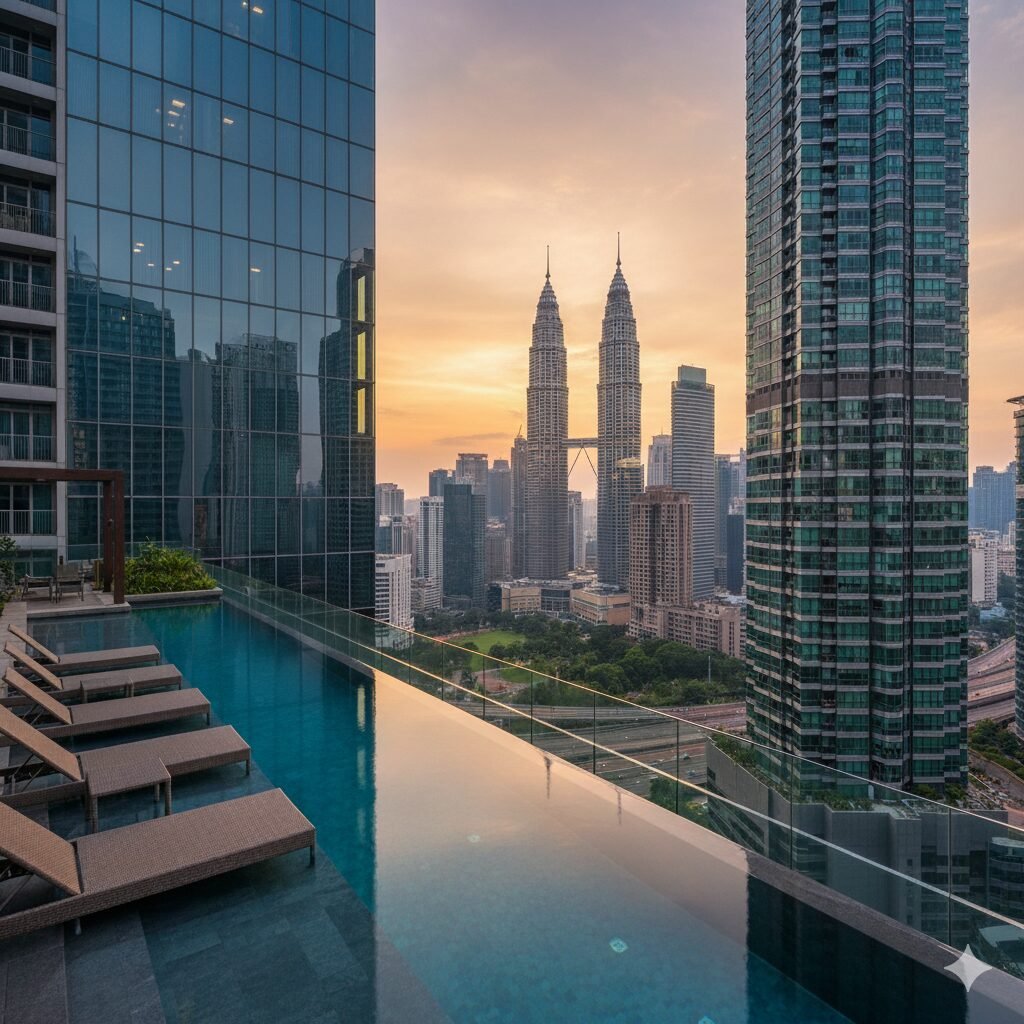 Panoramic view of the Kuala Lumpur skyline at sunset from a luxury penthouse infinity pool, showing the Petronas Twin Towers and palm trees, without a body of sea water.