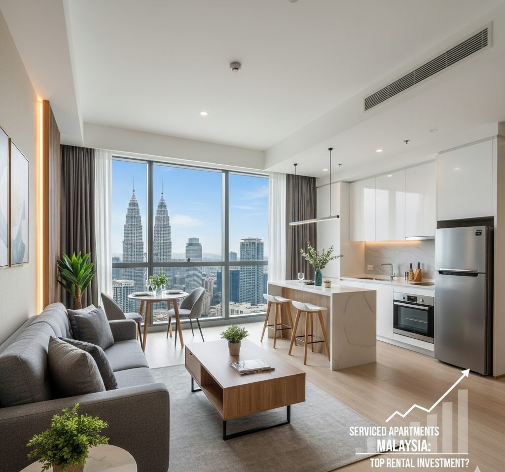 Intérieur moderne et lumineux d'un Serviced Apartment en Malaisie, avec un grand salon meublé, des finitions de luxe et une baie vitrée donnant sur un paysage urbain.