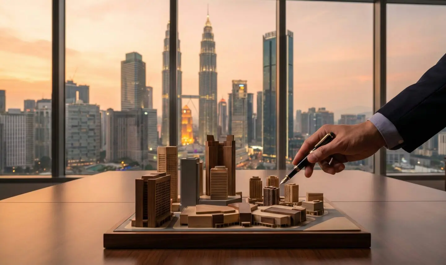 Main d'un cadre pointant avec un stylo-plume sur une maquette architecturale d'immeubles commerciaux, avec en arrière-plan la ligne d'horizon de Kuala Lumpur et les tours Petronas au coucher du soleil.