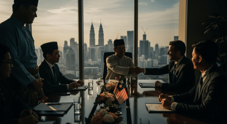 Illustration of business opportunities and M&A in Malaysia for 2026, guiding foreign investors through market entry strategies.