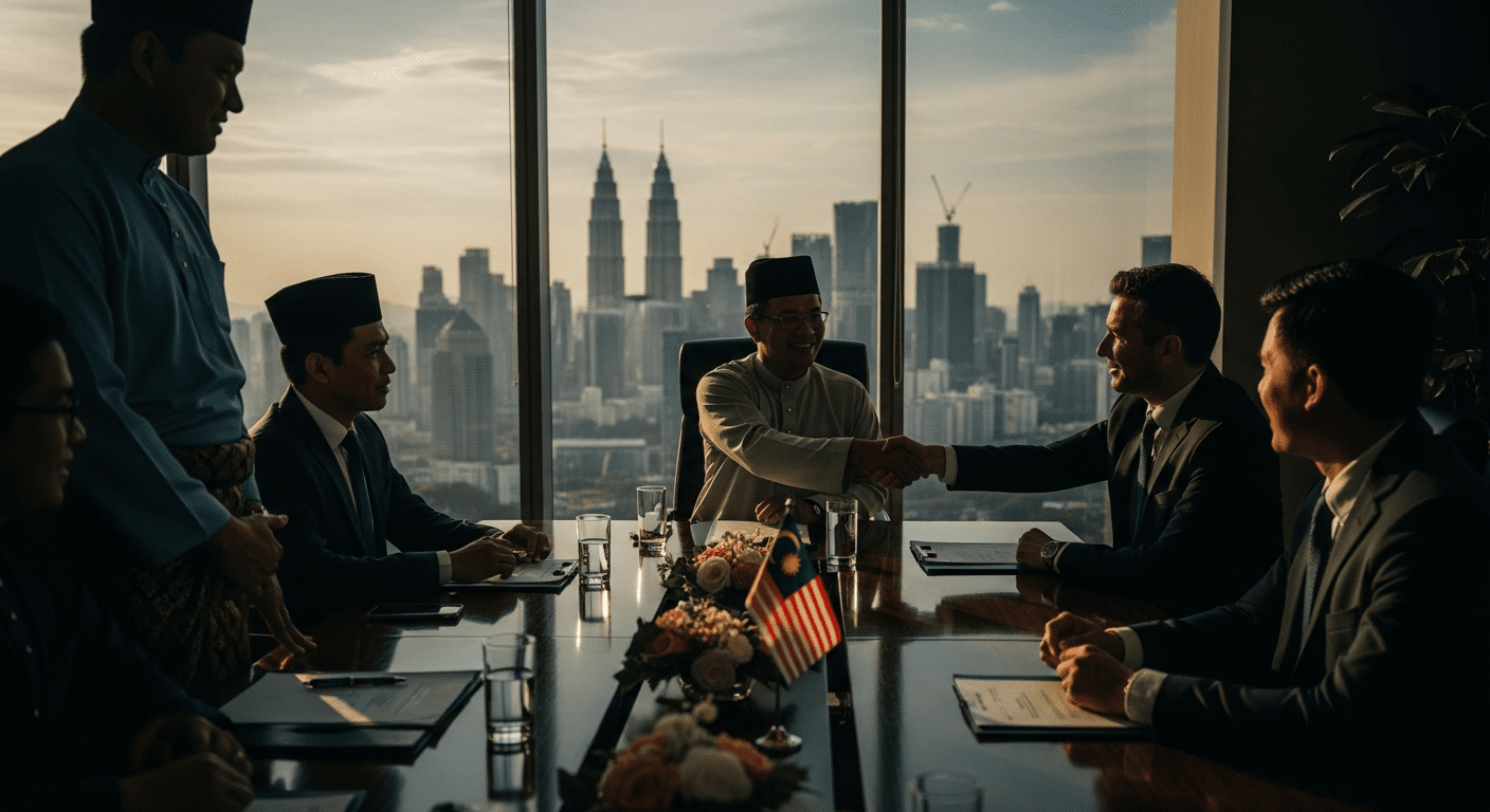 Illustration of business opportunities and M&A in Malaysia for 2026, guiding foreign investors through market entry strategies.