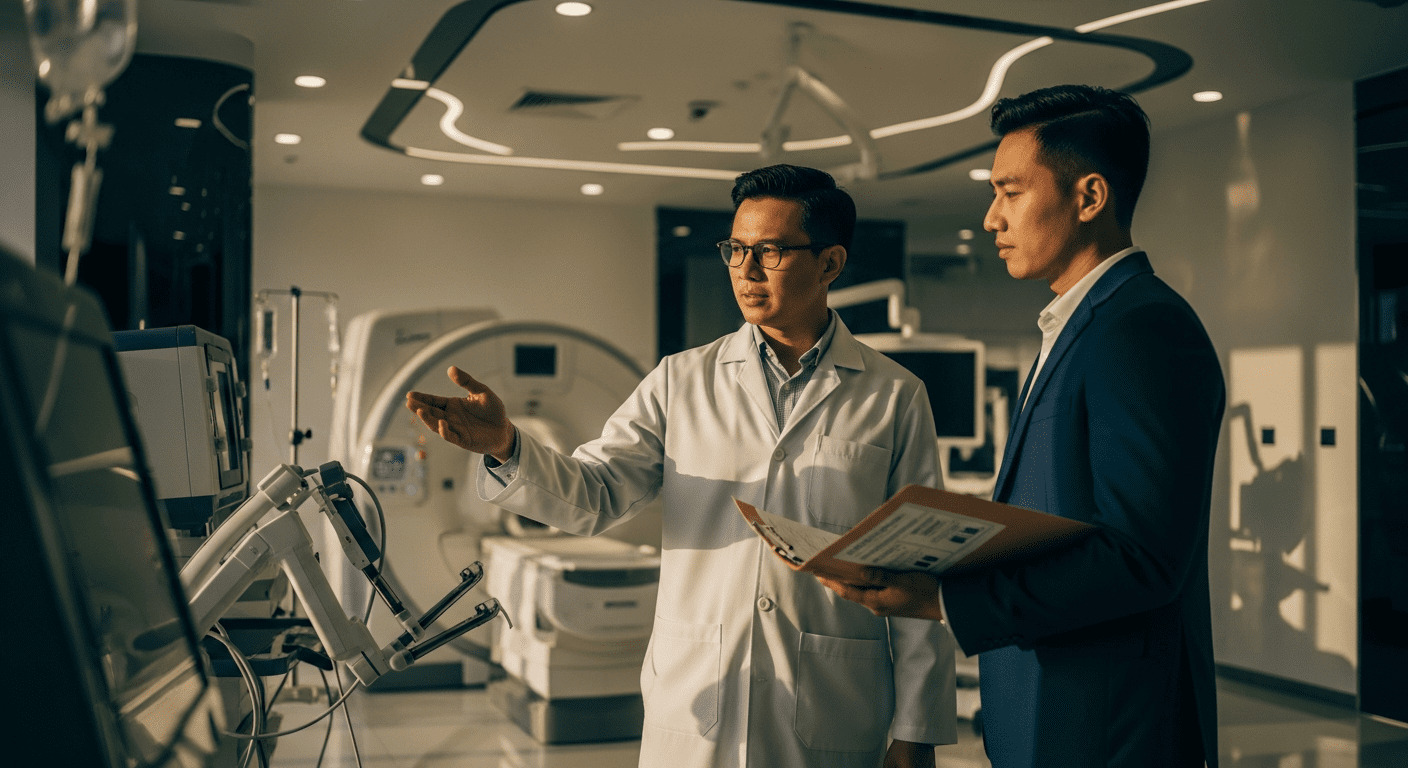 Illustration depicting the complex process of private clinic acquisition in Malaysia, highlighting valuation and due diligence stages.