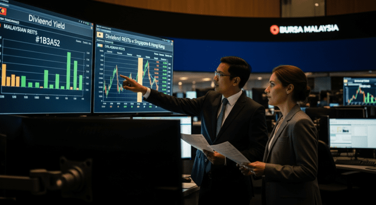Illustration comparing Malaysian REITs vs Singapore vs Hong Kong yield performance and investment metrics for investors.
