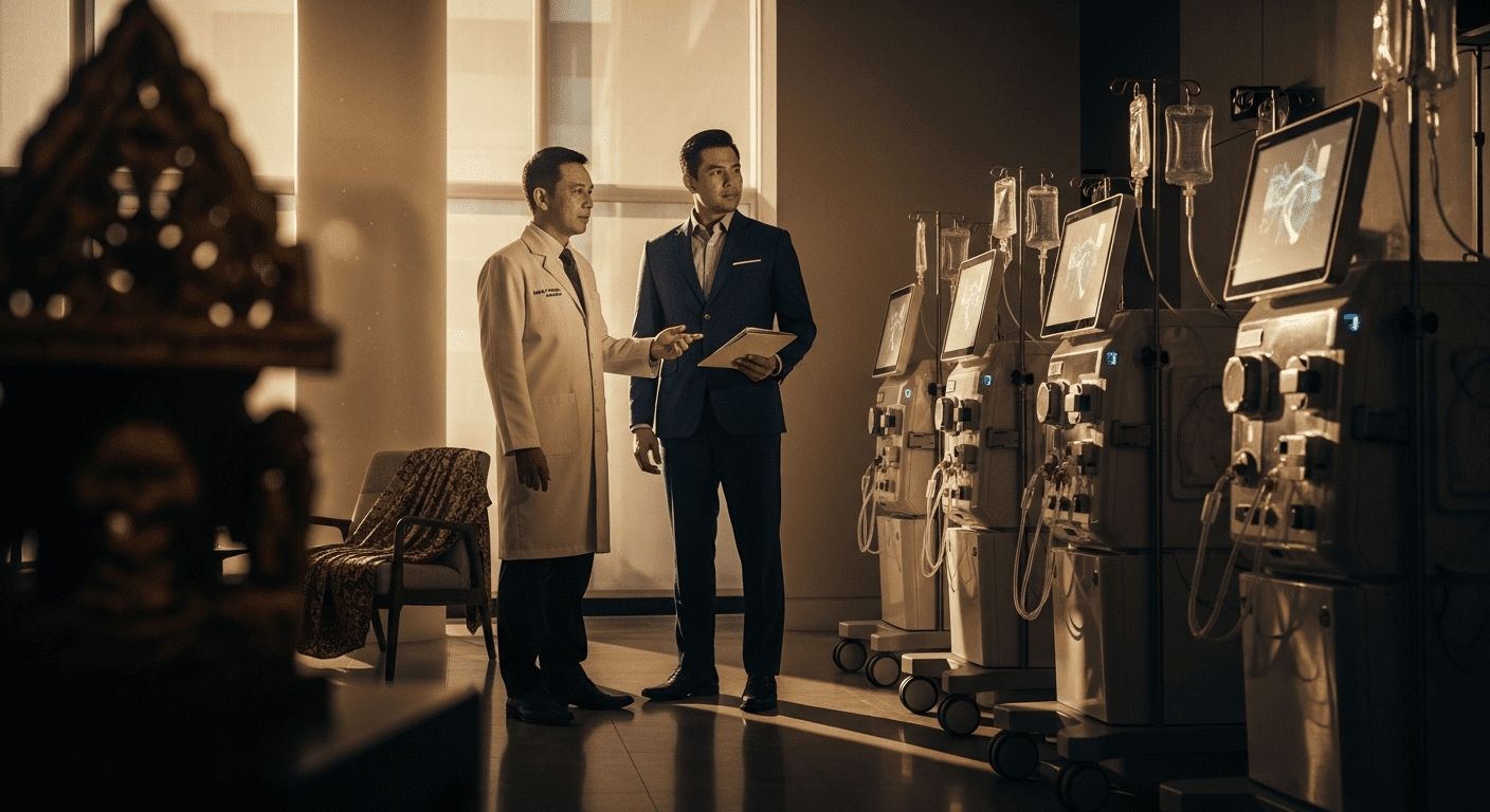 Photorealistic illustration of dialysis centers in Malaysia, highlighting stable returns in the M&A niche for healthcare investment.