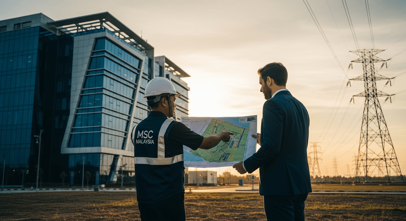 Case Study: €1.5M Data Center Land Investment Iskandar illustration, depicting strategic land and data center infrastructure in Johor.