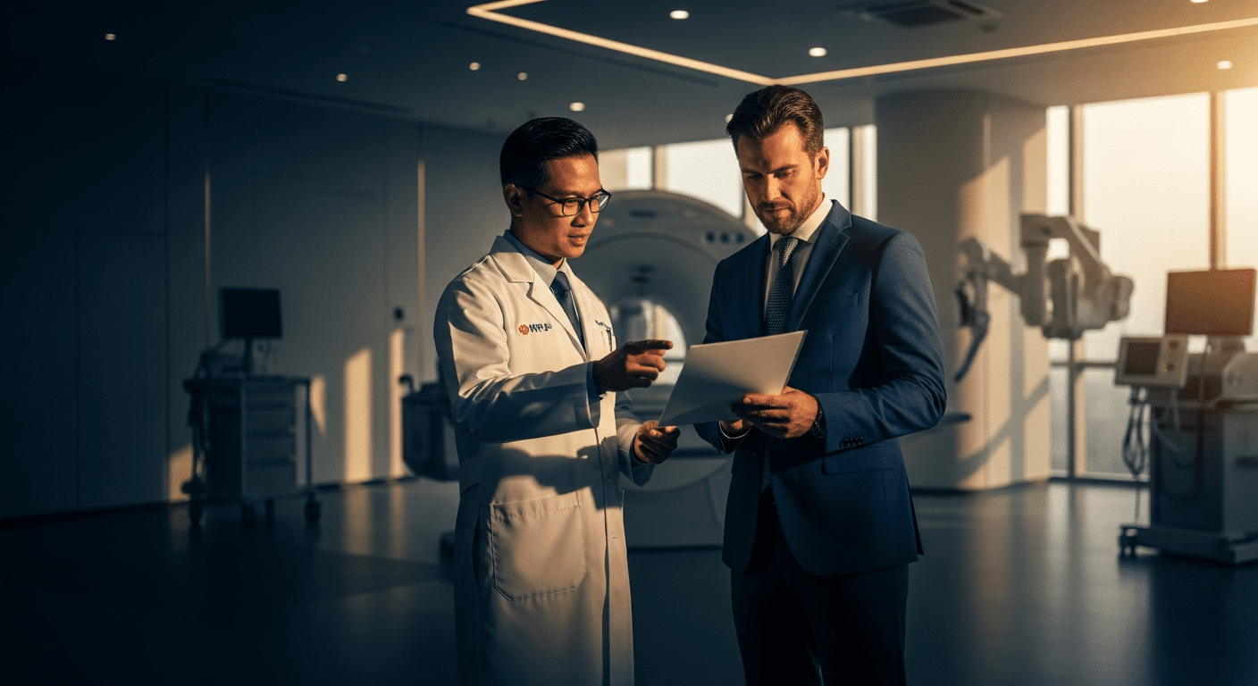 Professional illustration of a healthcare due diligence Malaysia acquirer checklist, showing a meticulous review process for M&A.