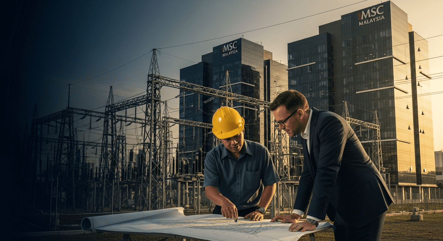 Professional illustration depicting Johor electrical infrastructure capacity and projects planned for 2025-2030, supporting data centers.